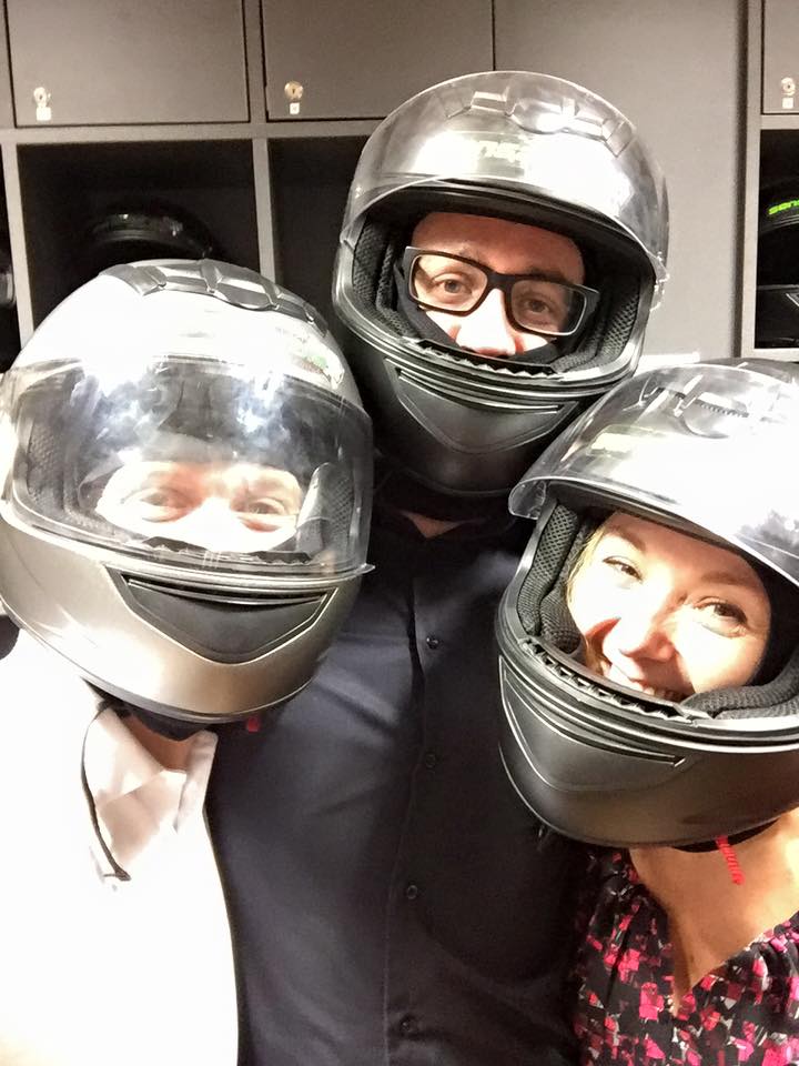 Mikkel, Amanda, and me with Go Kart helmets
